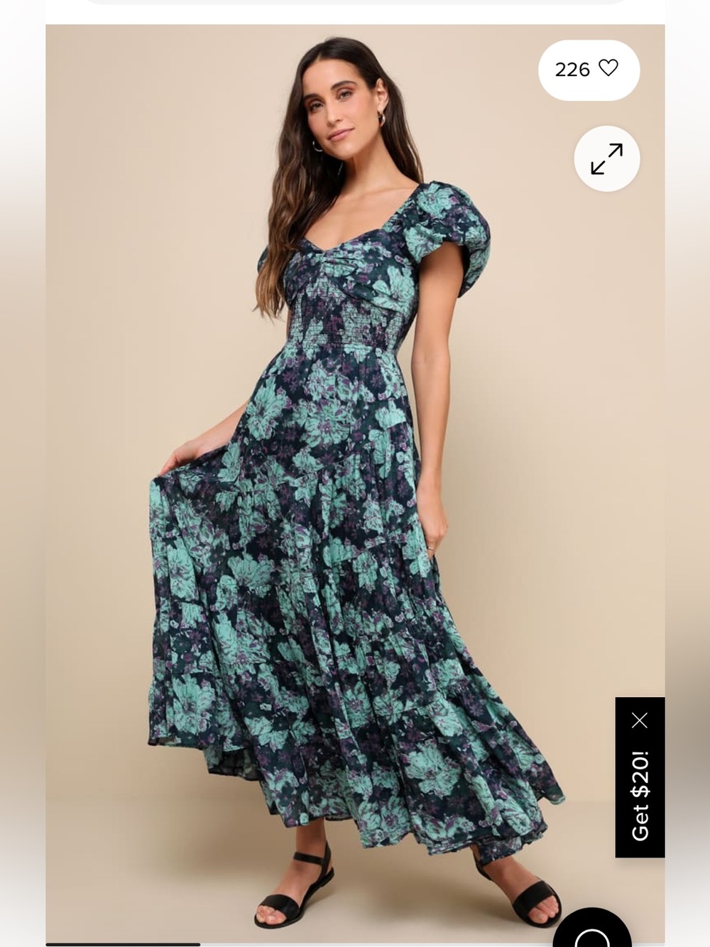 Free People Sundrenched Teal Multi Floral Puff Sleeve Tiered Maxi Dress